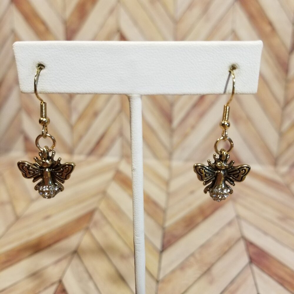 Bronze Wasp Earrings with Clear Rhinestone Tail
